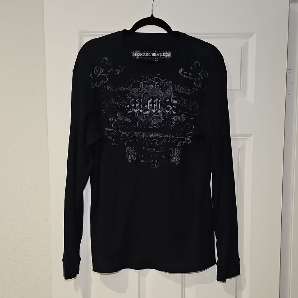 Michael Brandon Men XL Black Mall Goth Graphic Waffle Knit Thermal Shirt Y2K
